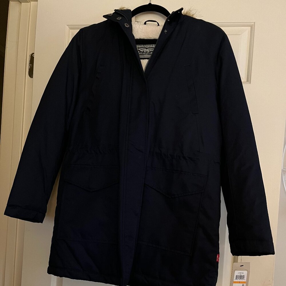 Levi Strauss Dark Blue Long Coat | NWT | Size S | Fur Trim Hood & Pockets